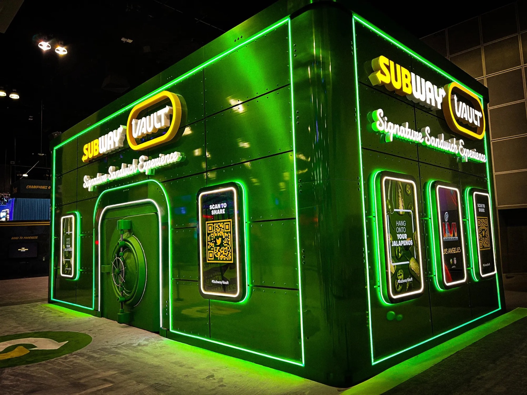 Neon-lined Subway Vault brand activation at the Super Bowl